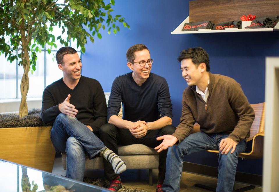 Gusto co-founders Tomer London (left), Josh Reeves (center), and Edward Kim (right)