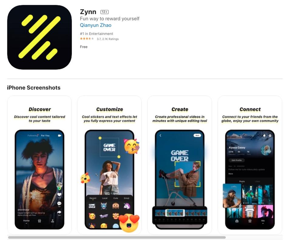 Short-form video app Zynn on the App Store