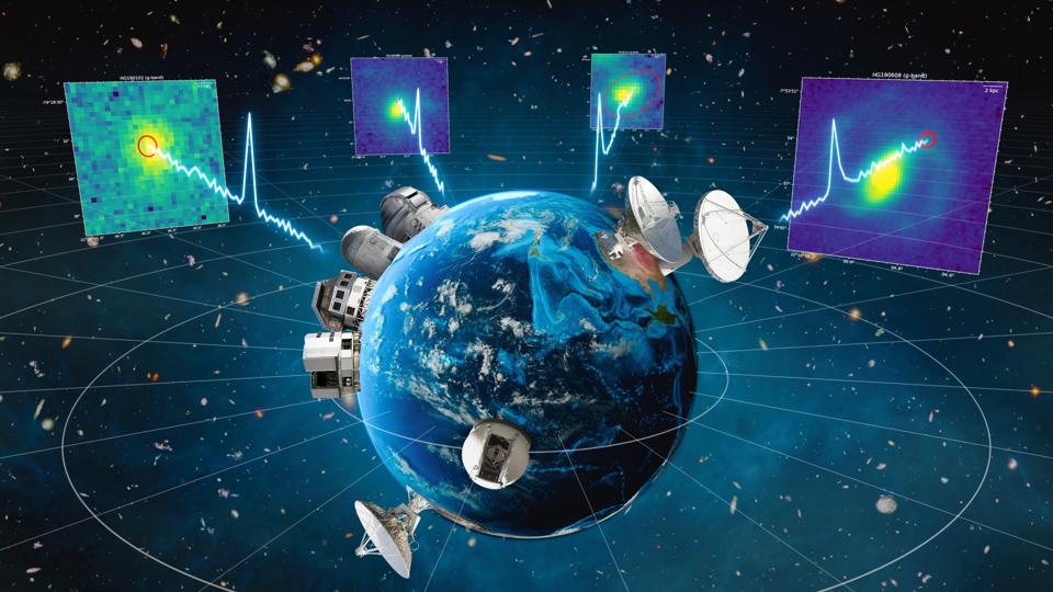 CSIRO’s ASKAP radio telescope in Western Australia detected the precise location of four fast radio bursts. Follow-up observations by NRAO's JVLA and CSIRO's ATCA radio telescopes and the world's largest optical telescopes – Gemini South, ESO’s Very Large Telescope, Magellan Baade, Keck and LCOGT-1m – identified and imaged the host galaxies.