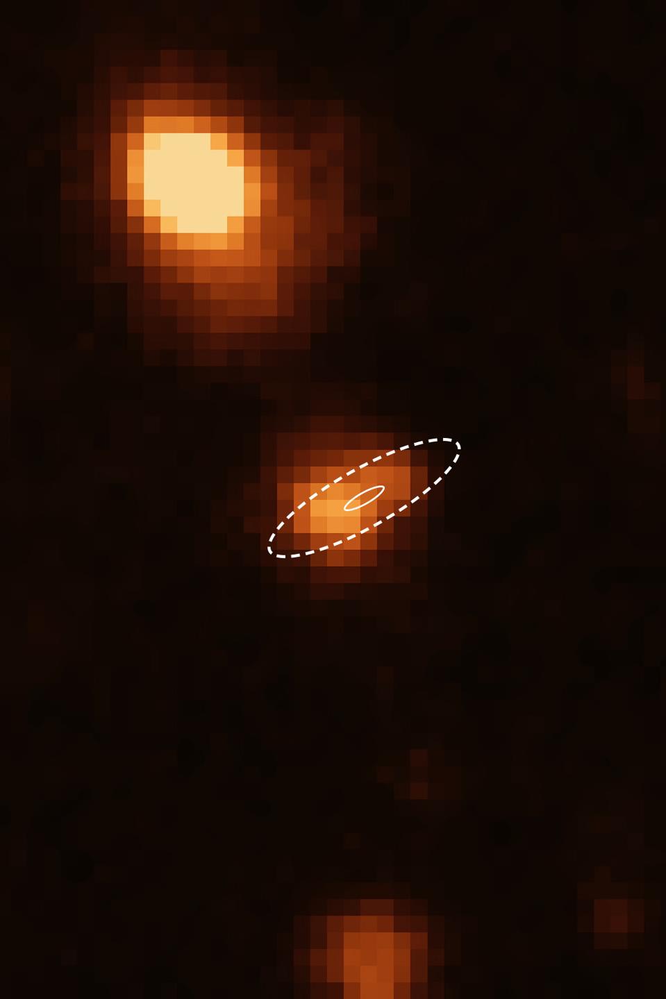 Soon after the Australian Square Kilometre Array Pathfinder (ASKAP) radio telescope pinpointed a fast radio burst, named FRB 181112, ESO’s Very Large Telescope (VLT) took this image and other data to determine the distance to its host galaxy (FRB 181112 location indicated by the white ellipses). The analysis of these data revealed that the radio pulses have passed through the halo of a massive galaxy (at the top of the image) on their way toward Earth.  