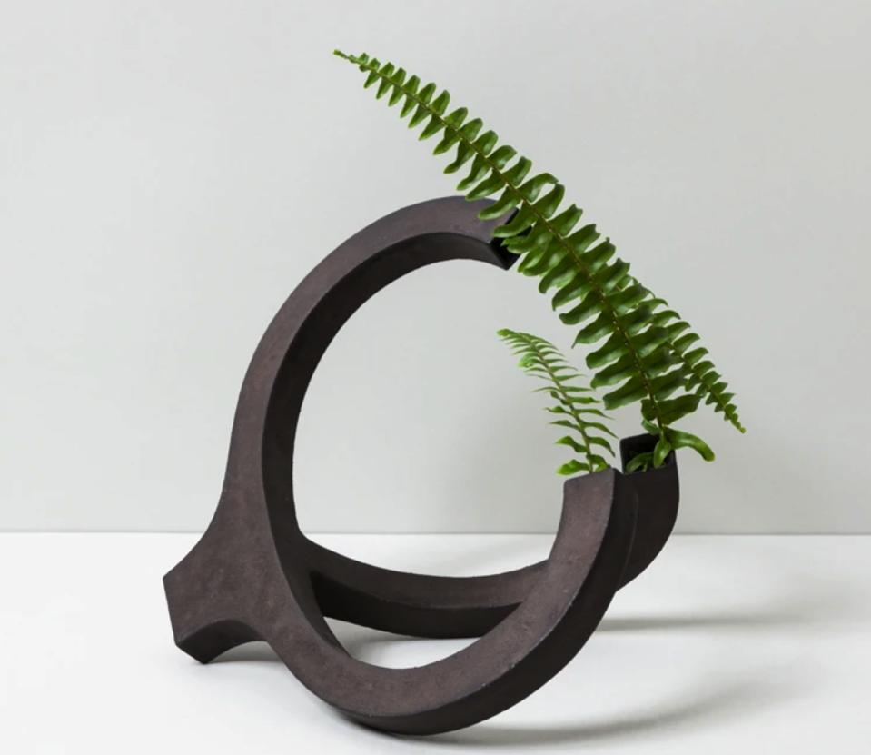 Ferns grow out of a modern tabletop vase