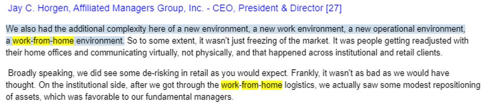 Recent earnings call transcripts discussing working from home demonstrate an interesting couple of weeks for those leading these teams.