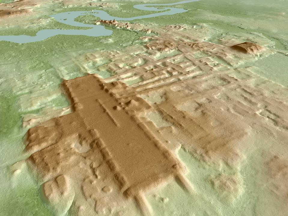 A 3D topographic image of Aguada Fénix, with the features shown in brown.