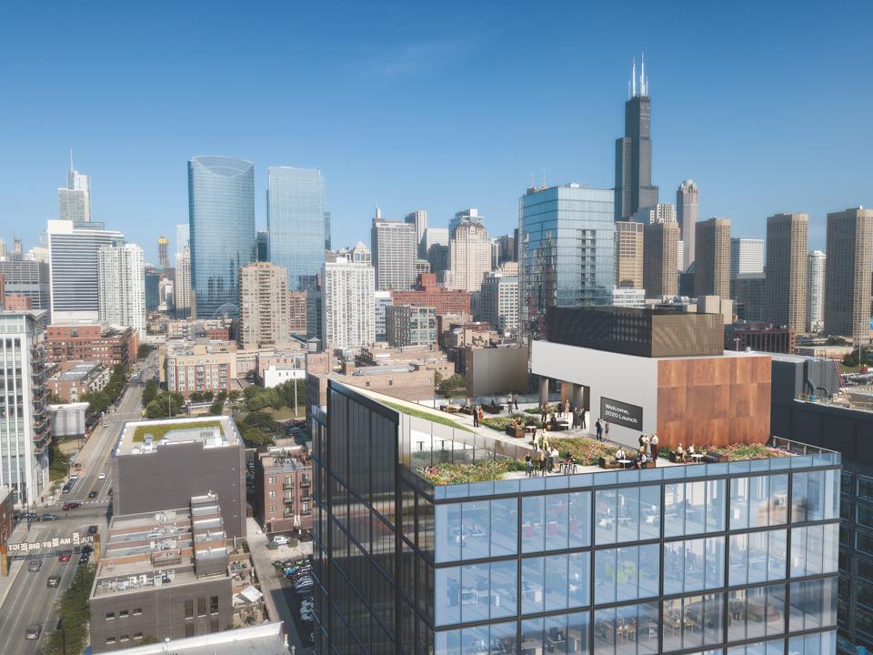The Fulton East rooftop features an 8,000-square-foot landscaped rooftop park.