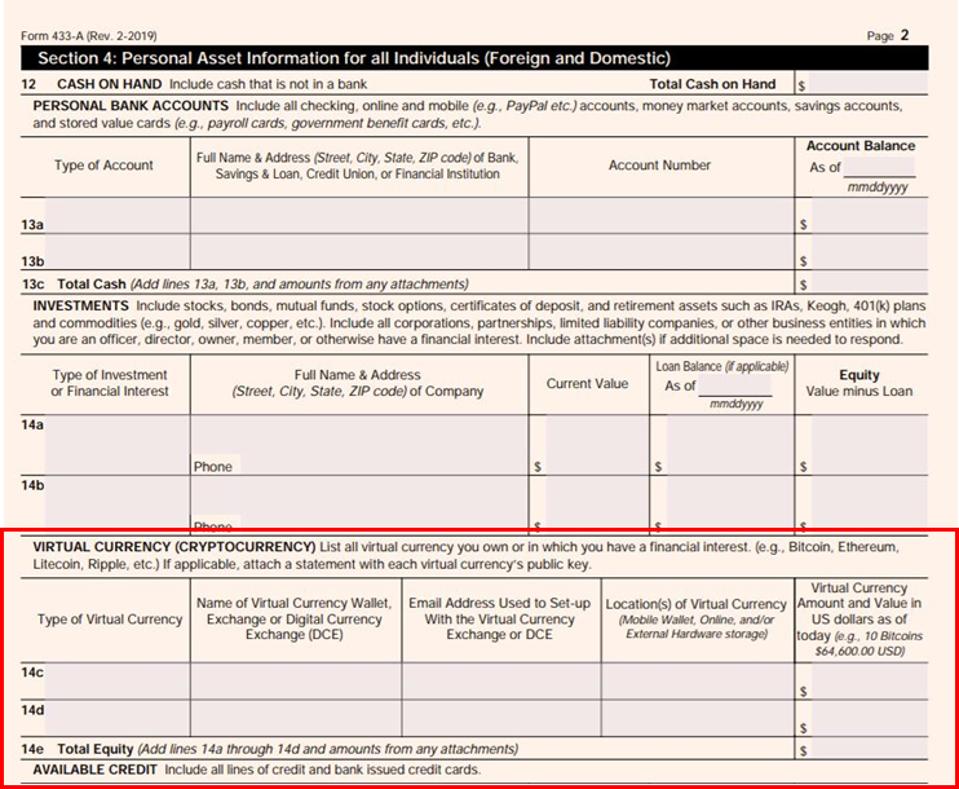 Form 433-A, Section On Virtual Currency