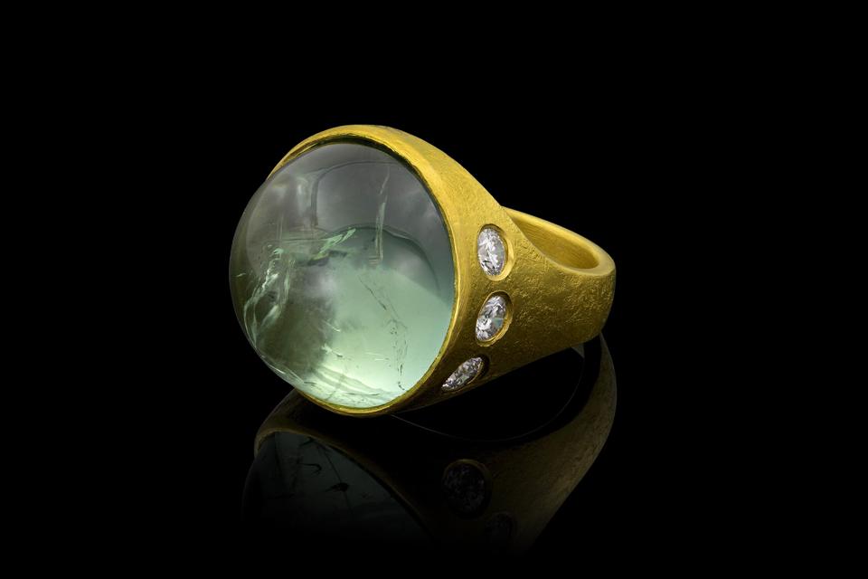 Loren Nicole cabochon green tourmaline and diamond signet ring.