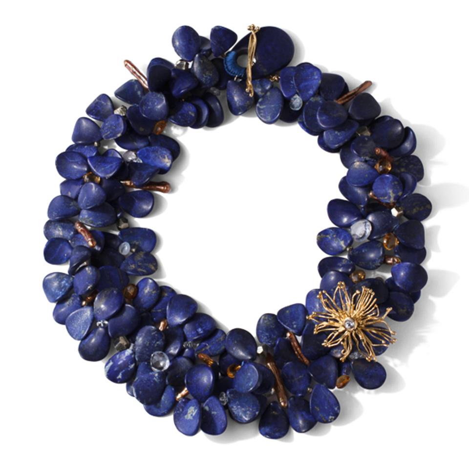 Jewelry designer Joan Hornig's lapis lazuli ″Petal″ necklace blooms with 18-karat gold.