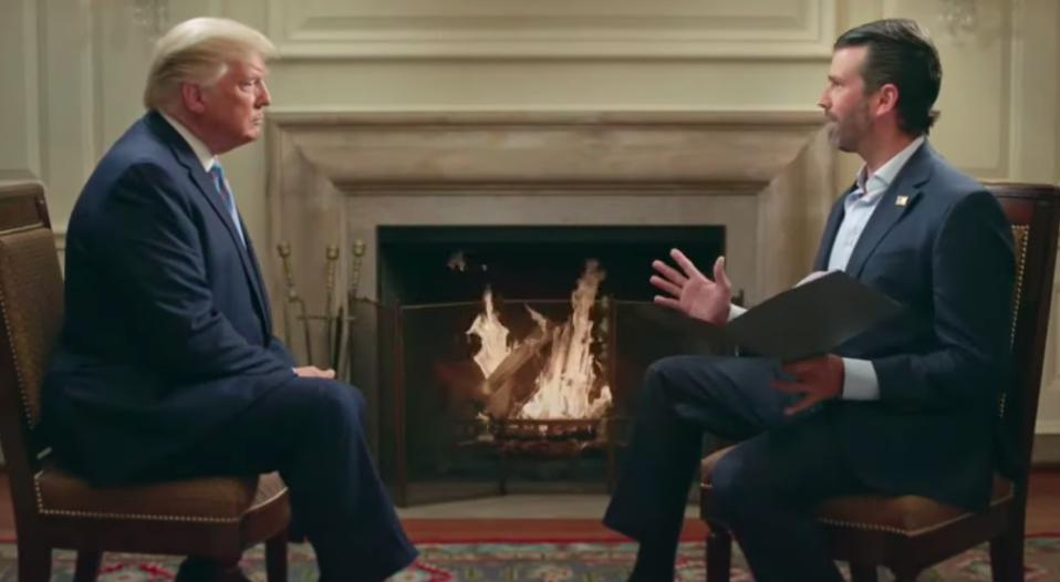 WASHINGTON, DC - June 18: President Donald Trump joins son Donald Trump Jr. on his podcast, 'Triggered'