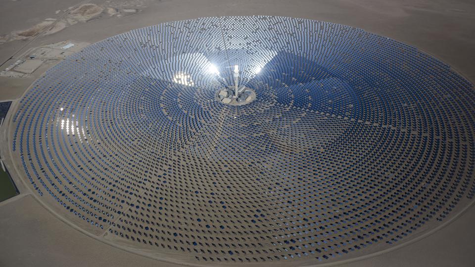 Aerial view of the Crescent Dunes Solar Energy Project, a 110 MW plant near Tonopah, Utah.