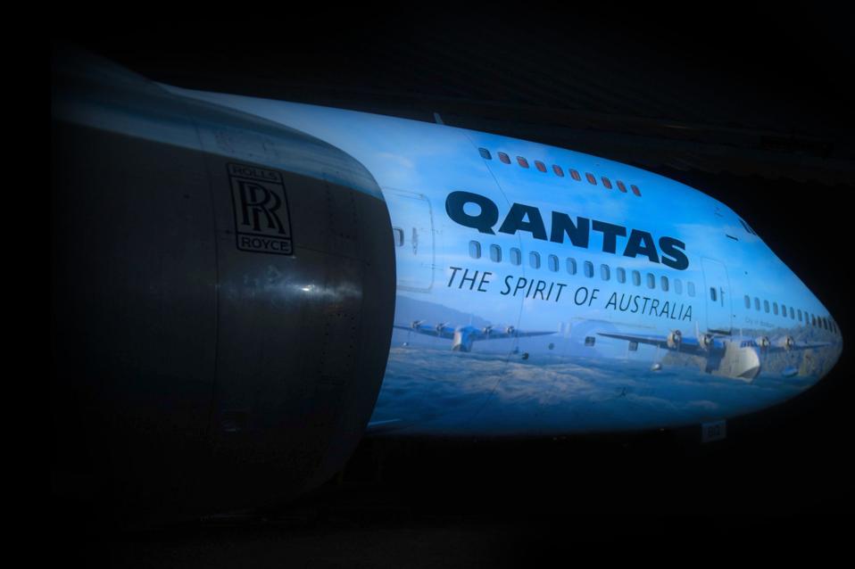 Flying boats in eastern Sydney's Rose Bay projected on a Qantas 747