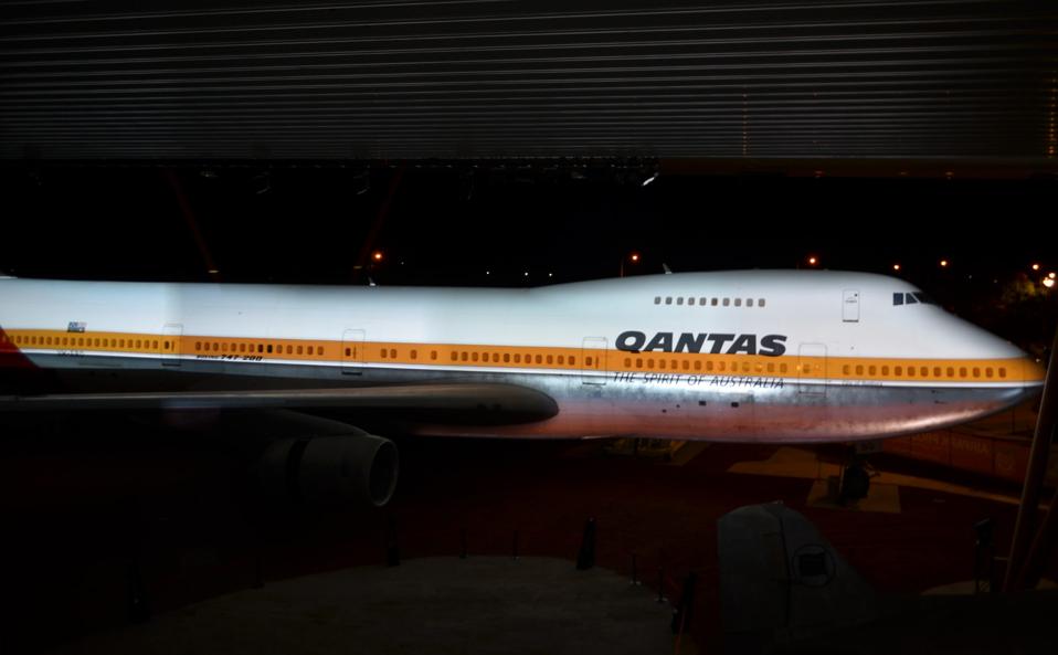 The ″Flying Kangaroo″ livery is re-created as part of projections on a Qantas 747
