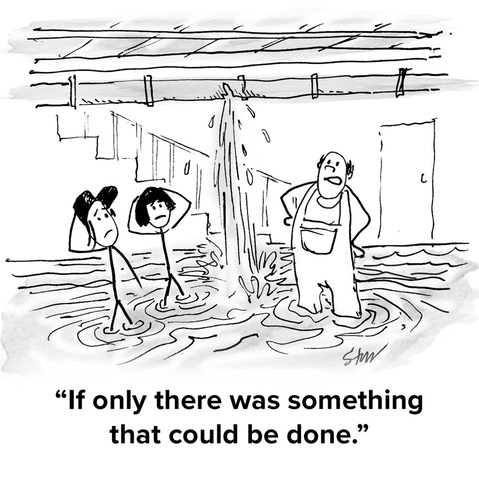 A basement that has a ceiling pipe with a gushing leak. A young couple and a plumber are standing in leaking water that is knee-deep and the plumber is saying ″If only there was something that could be done.″