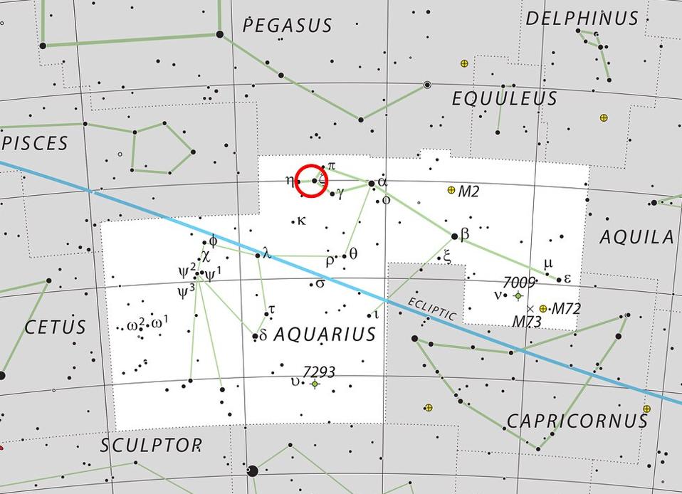 This chart shows the location of the Kinman Dwarf galaxy, where a mysterious luminous blue variable star disappeared. This map shows most of the stars visible to the unaided eye under good conditions and the system itself is marked with a red circle.
