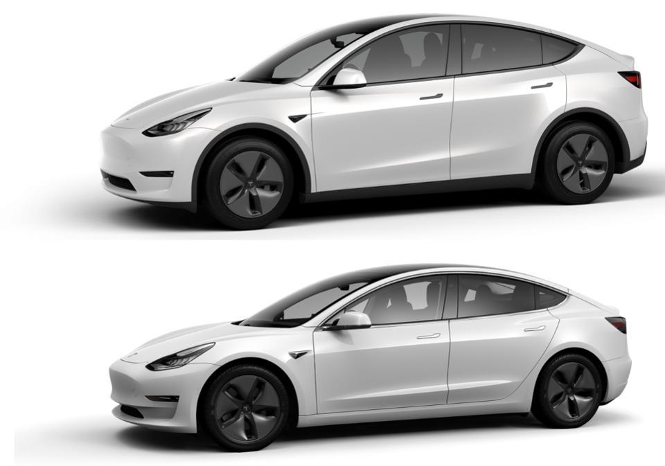 Tesla Model Y (top) and Model 3.