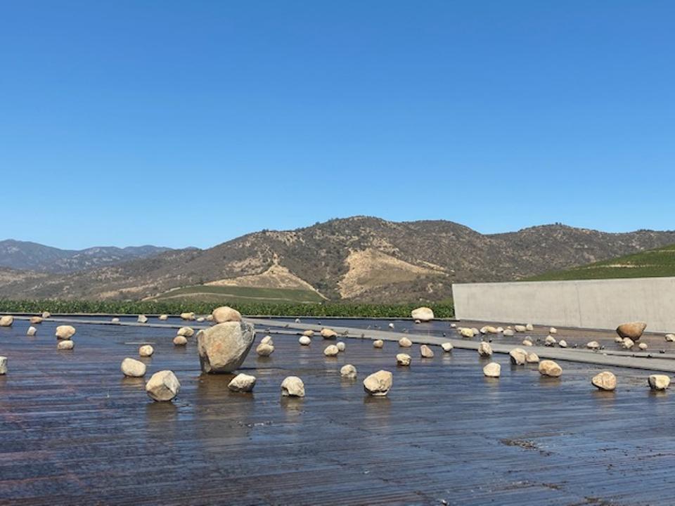 The reflecting above Vik's underground winery helps to cool the barrels of wine below.