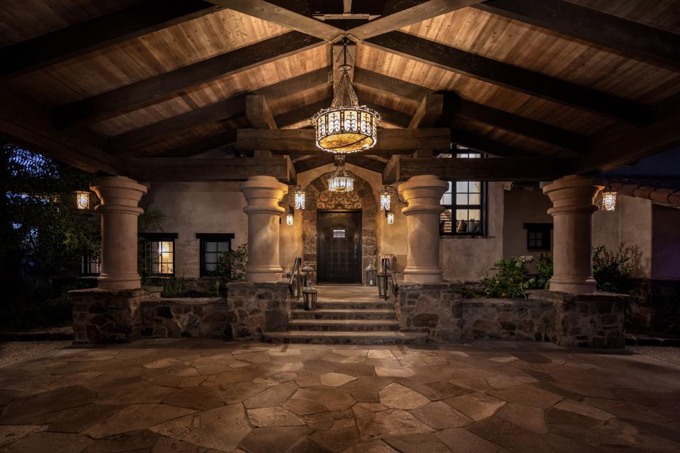 Rancho Latigo, Santa Ynez Valley, California, vaulted wood porte-cochère, drum chandeliers,
