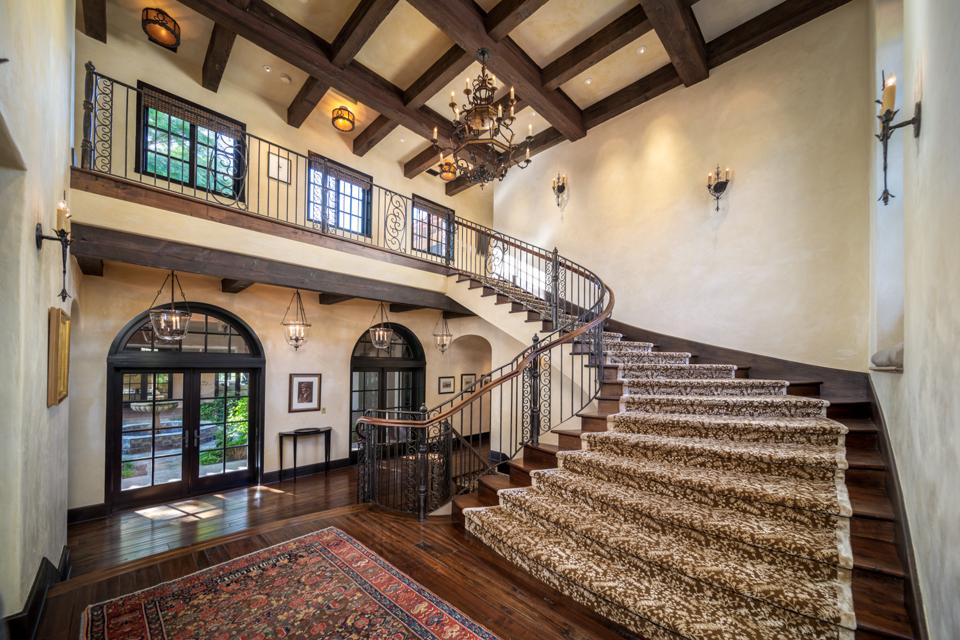 grand staircase, wood-beam ceilings, Rancho Latigo, Santa Ynez Valley, California, Compass