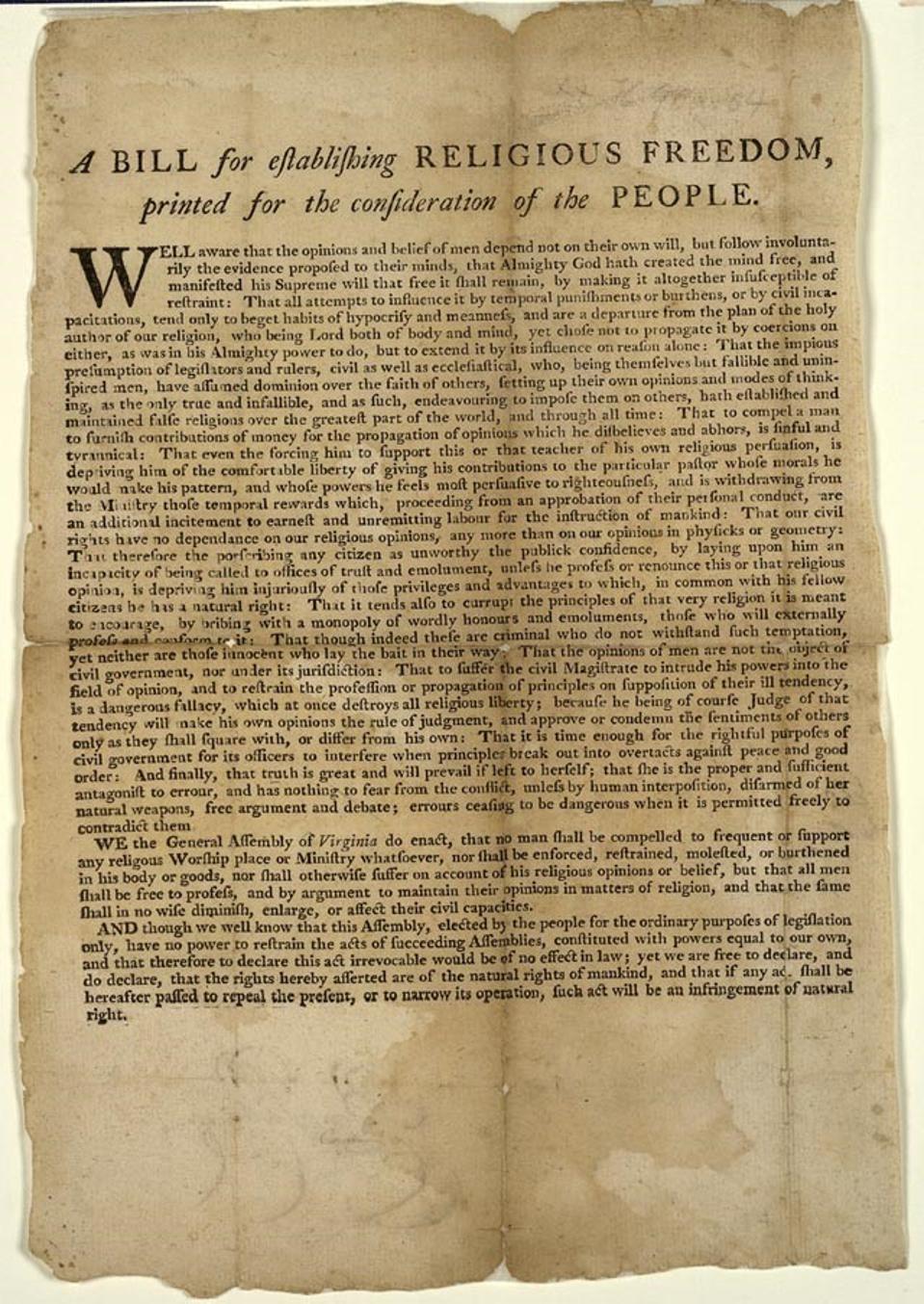 A Bill for the Religious Freedom of the People, penned by Thomas Jefferson in 1786