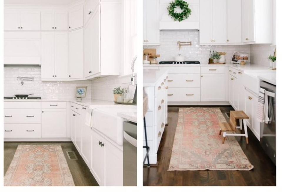 a kitchen with silver and then gold hardware before and after