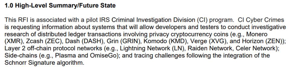 Snippet from RFI - Pilot IRS Cryptocurrency Tracing