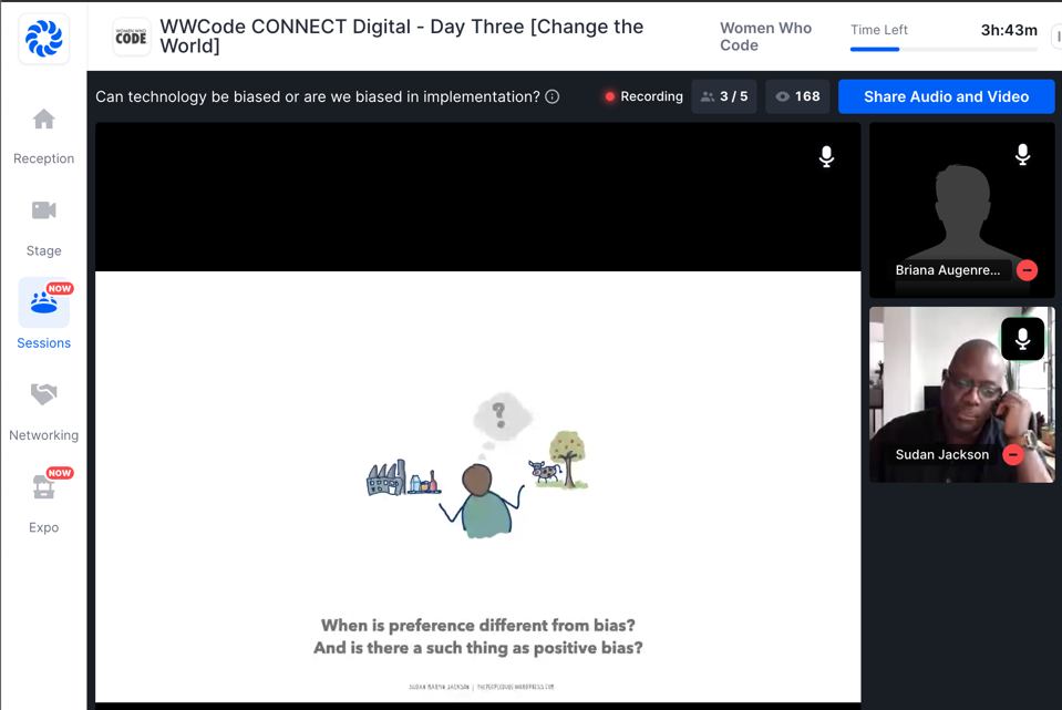 Screen shot of Sudan Jackson talk at Women Who Code CONNECT Digital on Can Technology Be Biased or Are We Biased in Implementation?