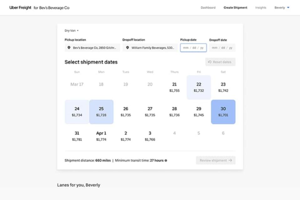 Screen Shot of Uber Freight Application