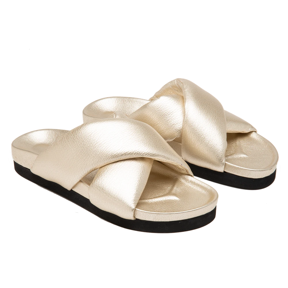 Cross strap sandal slide with Italian textured leather