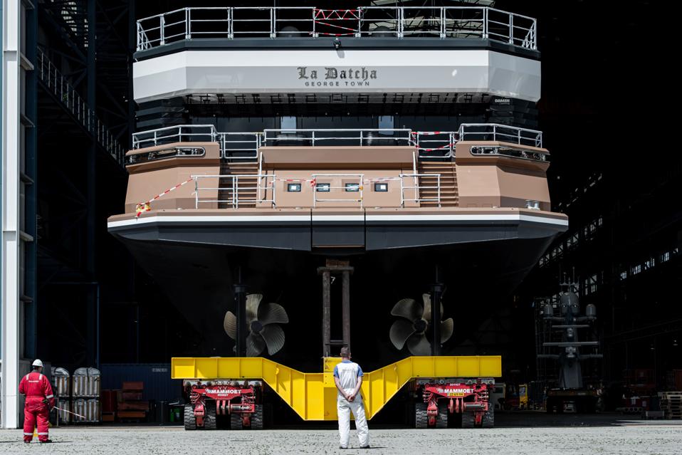Oleg Tinkov's brand new Damen Yachting SeaXplorer 77 LA DATCHA emerges from its build shed in Holland.