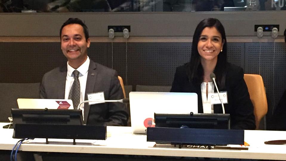 Dr Rajiv Jhangiani and Natalia Norori (right) at a panel at UN HQ in 2018.