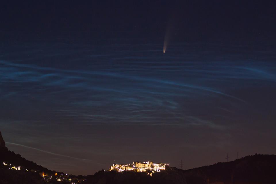 Comet C/2020 F3 (NEOWISE) over Klis fortress, Croatia, with noctilucent clouds.
