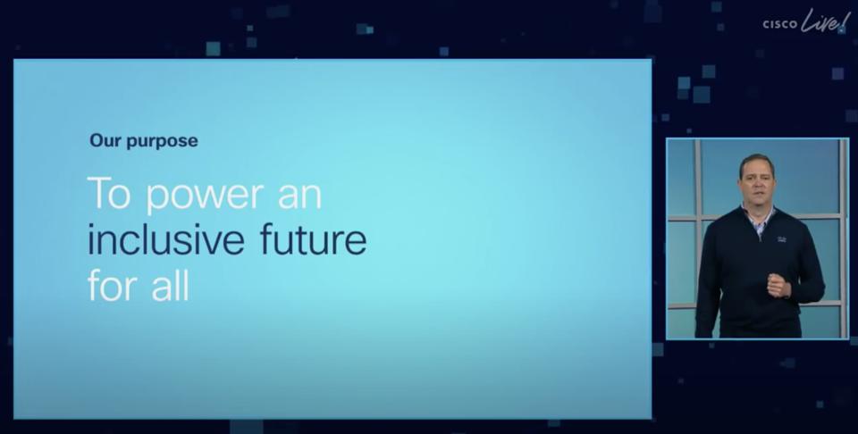 Image of Cisco's purpose statement and Chuck Robbins from Cisco Live