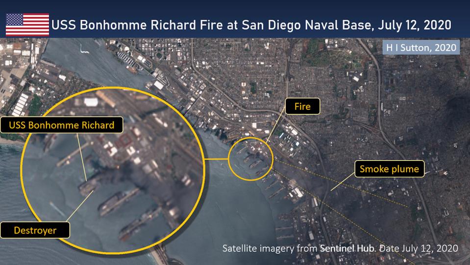 Satellite Image of fire aboard US Navy Assault Carrier USS Bonhomme Richard in San Diego