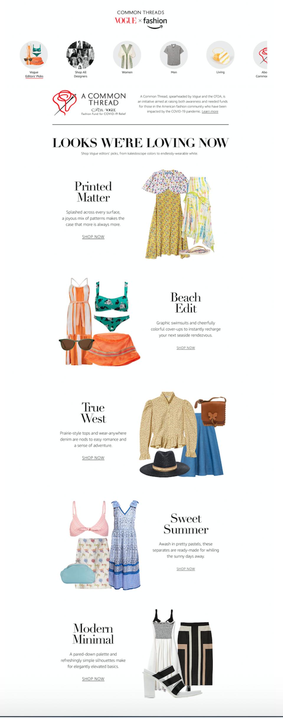 The website landing page of Vogue X Amazon Fashion displaying several items of clothing and accessories grouped into trends