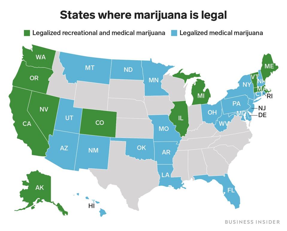 Map of the United States. Map is color coded. Map shows legal cannabis states.