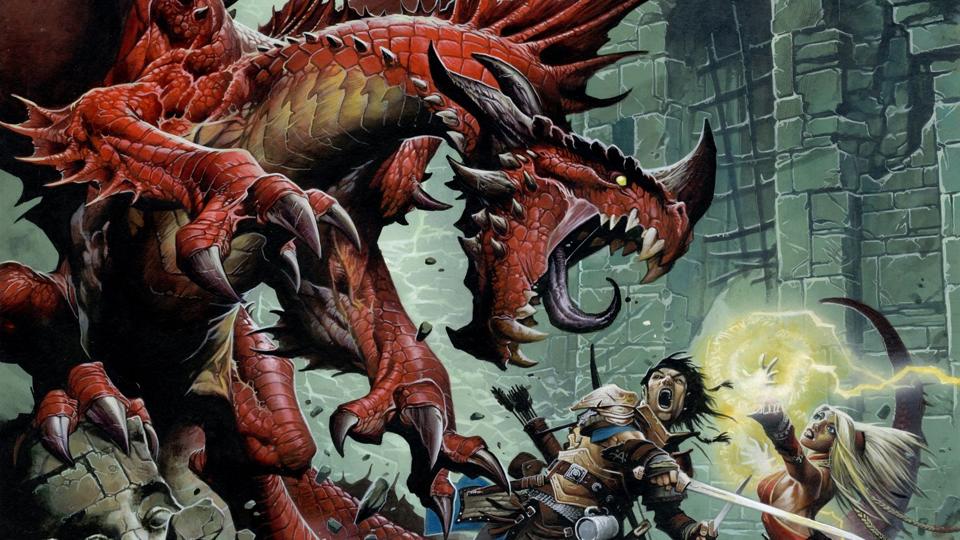 Adventurers battle a dragon