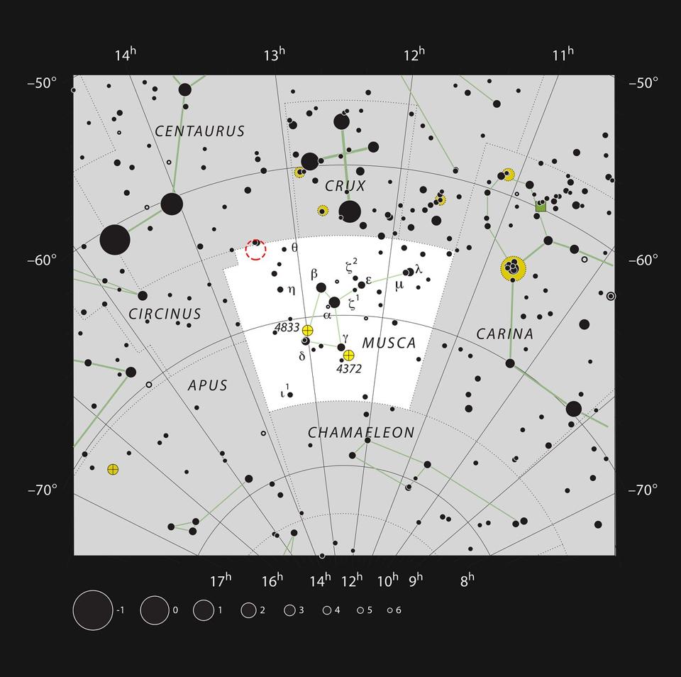 Questo grafico mostra la posizione del sistema TYC 8998-760-1. Questa mappa mostra la maggior parte delle stelle visibili ad occhio nudo in buone condizioni e il sistema stesso è contrassegnato da un cerchio rosso.