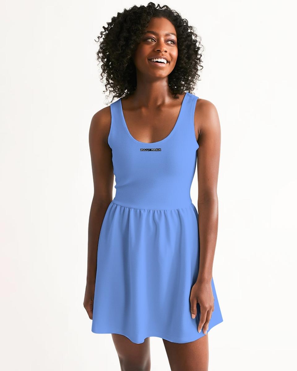 Ascot Manor Women's New Horizon Baby Blue Classic Scoop Tennis Dress, made up of breathable, moisture-wicking athletic fabric and a flared skirt.