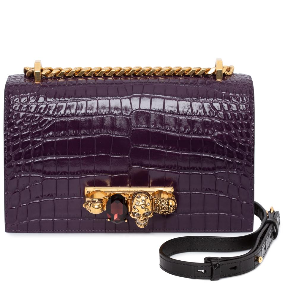 Shiny purple embossed croc calfskin leather Jeweled Satchel.