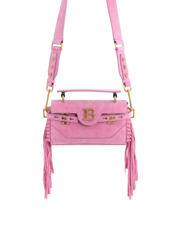 Balmain Pink suede B-Buzz 19 baguette bag with fringe