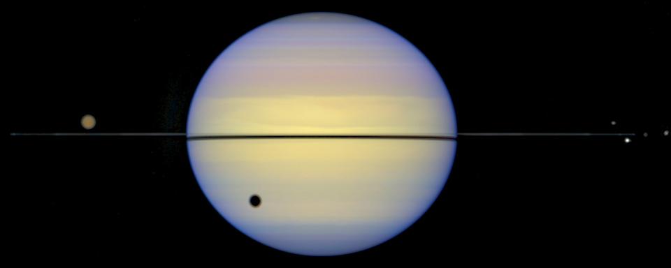 Saturn with its rings in the edge-on configuration, as imaged by Hubble.