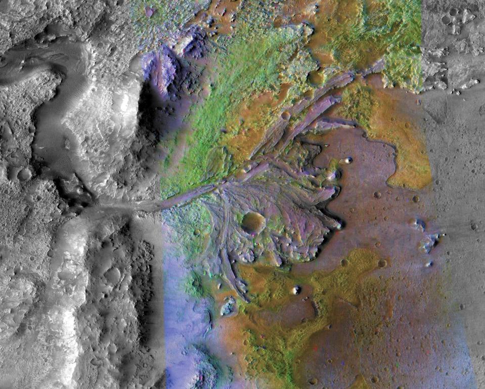 Jezero Crater on Mars, the landing site for NASA's Mars 2020 mission. It was taken by instruments on NASA's Mars Reconnaissance Orbiter (MRO).