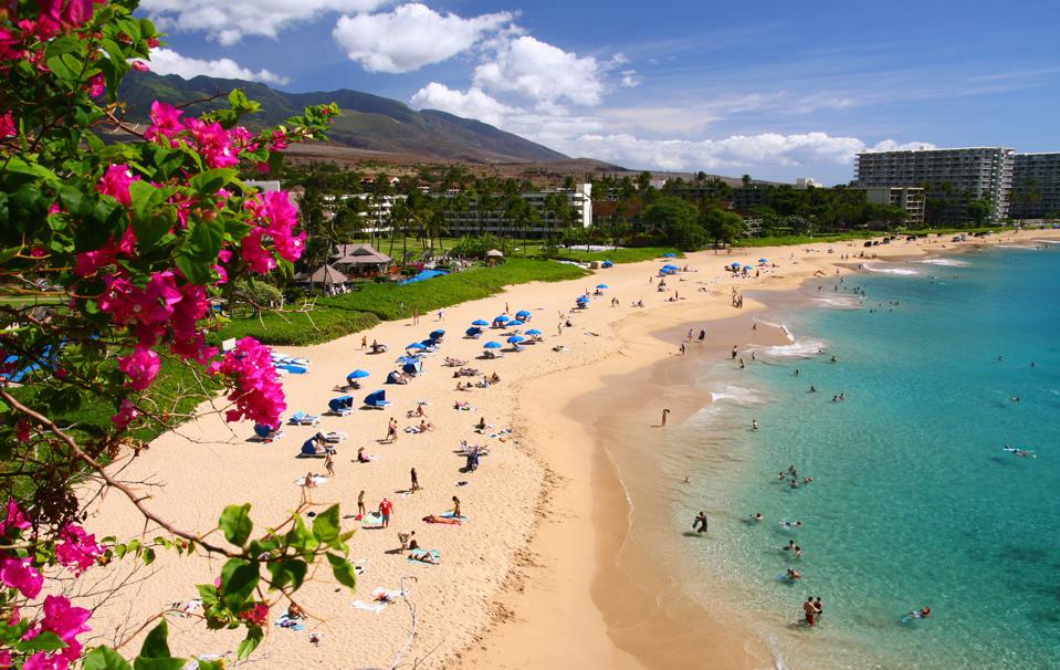 Kaanapali Maui Hawaii Beach ocean front resort hotel and flowers