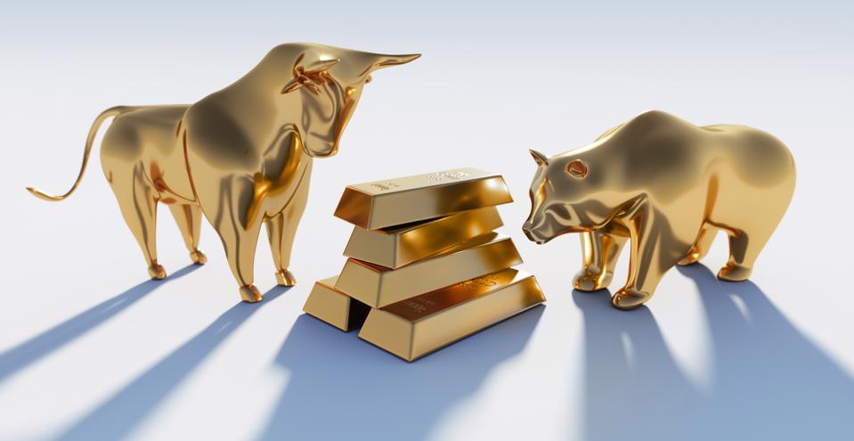 Golden Bull and Bear with gold bars