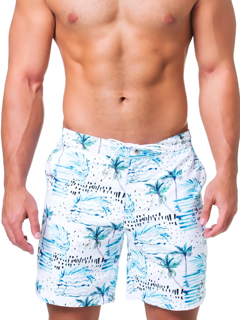 The Maceoo Swim Lion Palm in original palm tree print-on-white design features an elastic waistband with a drawstring and a fly zip is mathematically designed for fit and comfort.