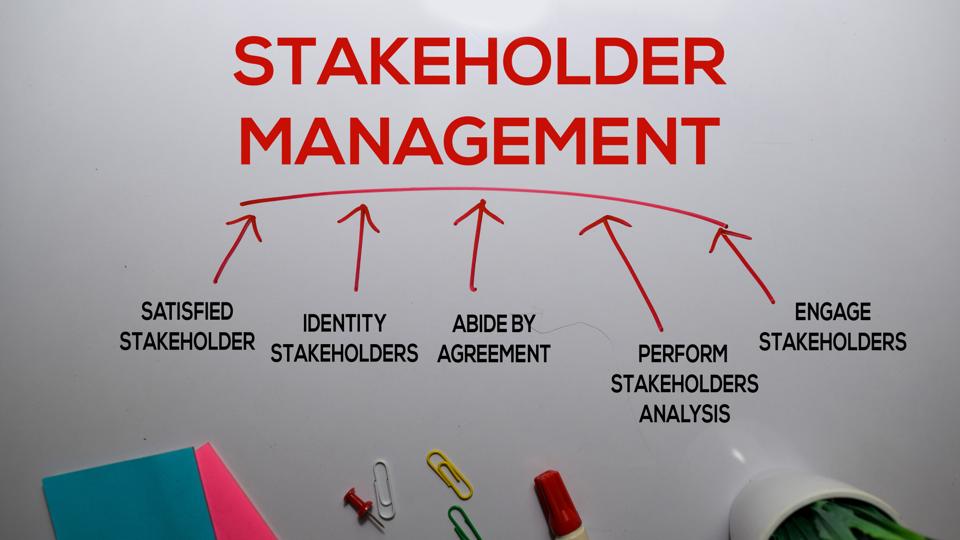 Stakeholder Management Method text with keywords isolated on white board background. Chart or mechanism concept.