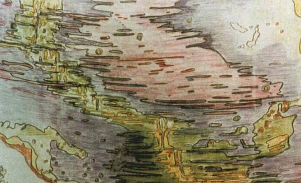 Schizzo originale di Tharp del fondale marino nel Medio Atlantico.