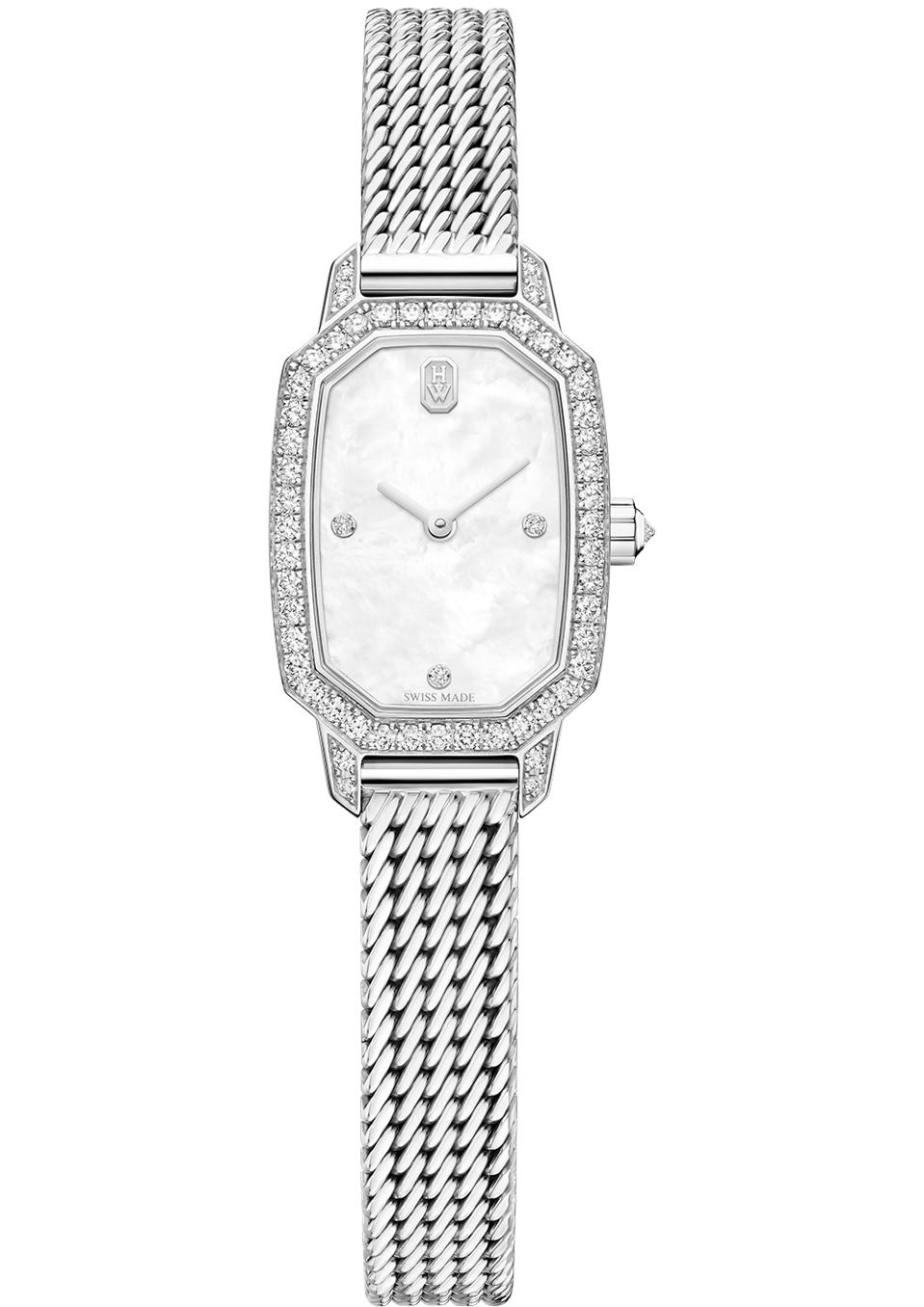 Diamond watch on a Milanese style woven bracelet from the Emerald collection by Harry Winston.