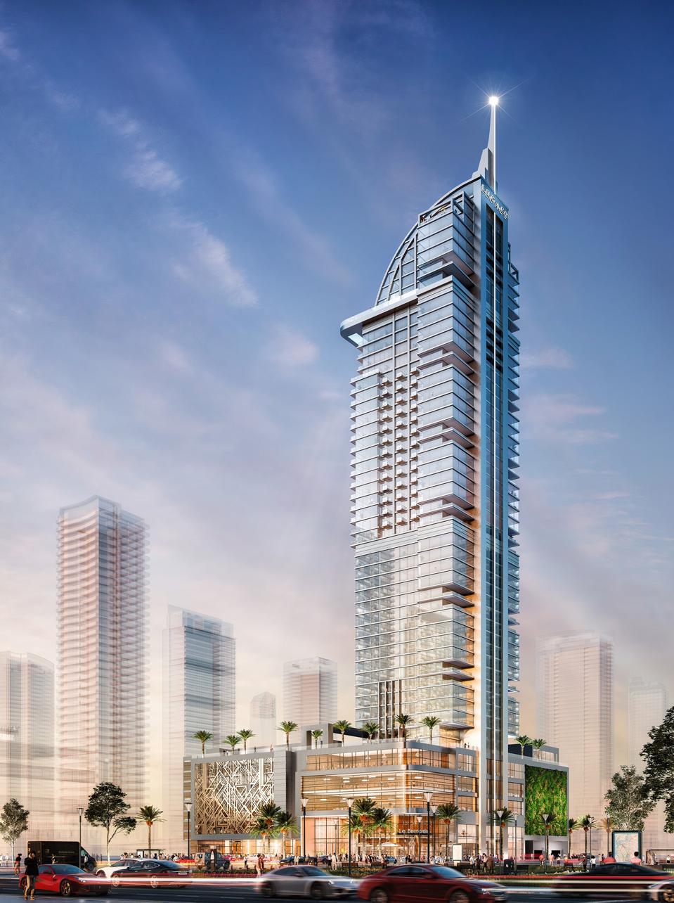 A rendering of a glass tower. 