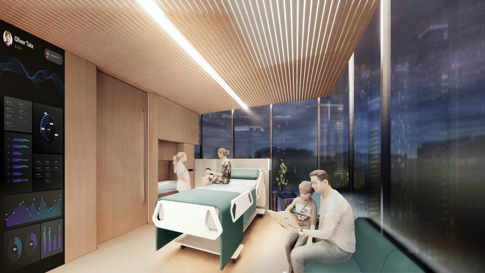 A rendering of a modern hospital room.