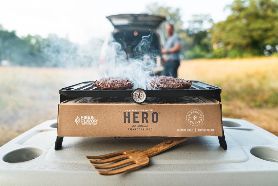 portable grill with biodegradable charcoal pod